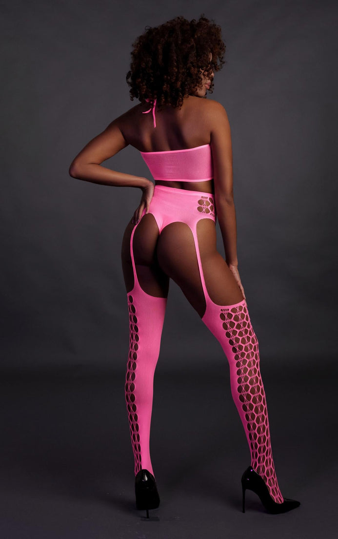 Set cu bustiera, chilot, portjartier și dres - compleu elegant XS-XL (one size), roz neon
